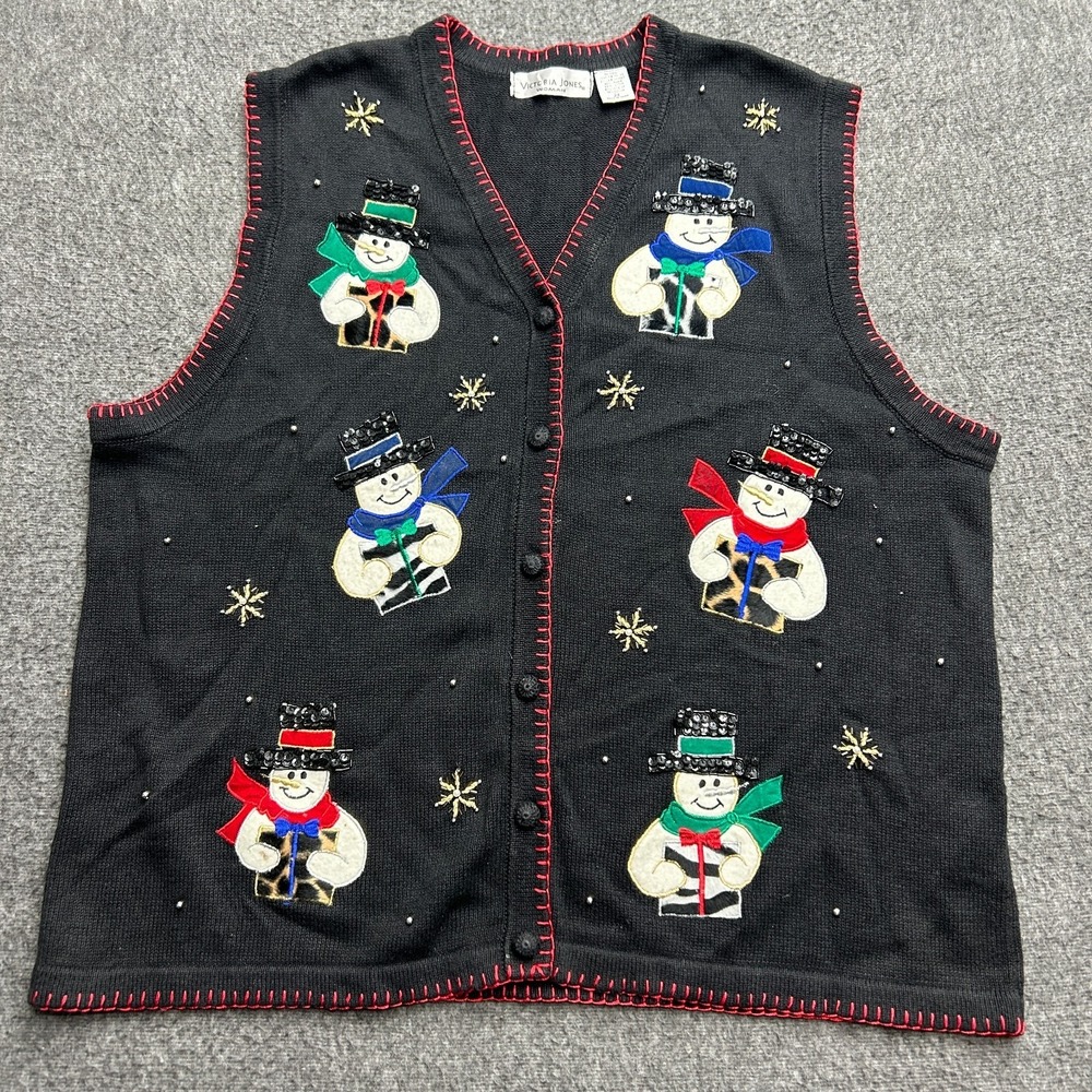 Christmas Sweater Vest Victoria Jones 2X Pearl Beaded Snowman Ugly - Picture 1 of 9